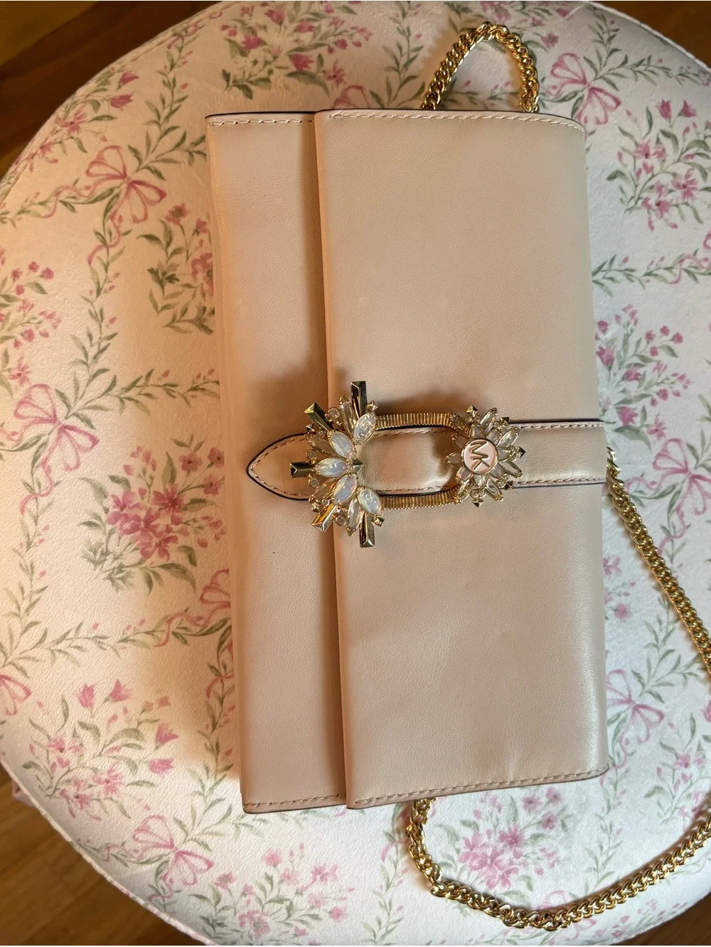 Michael Kors Light Pink Chain Crossbody with Crystal Floral Accent